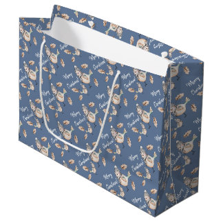 Grand Sac Cadeau Moineau de neige d'hiver en aquarelle bleue