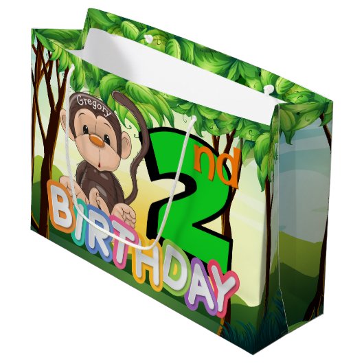 Grand Sac Cadeau Monkey 2e fête d'anniversaire personnalisée (Devant Angle)