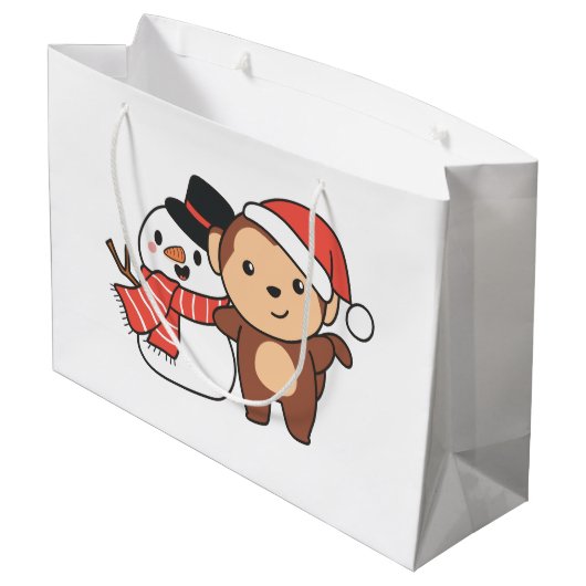 Grand Sac Cadeau Monkey With Snowman In Winter For Christmas (Dos Angle)
