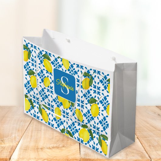 Grand Sac Cadeau Monogram Blue Tile French Country Lemon Pattern 
