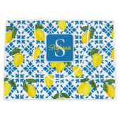 Grand Sac Cadeau Monogram Blue Tile French Country Lemon Pattern  (Devant)