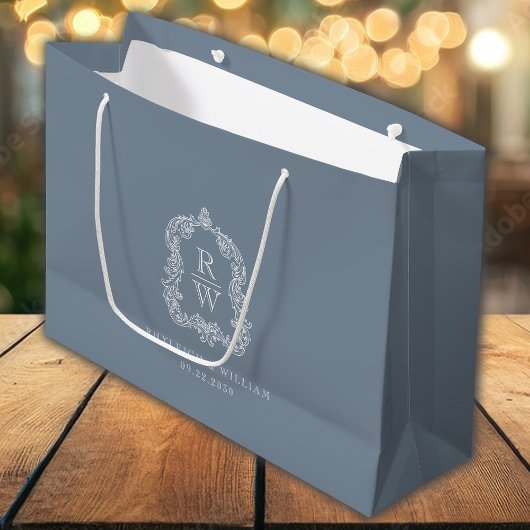 Grand Sac Cadeau Monogram Crest Dusty Mariage bleu