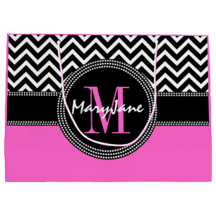 Grand Sac Cadeau Monogramme de Chevron de roses indien et de noir