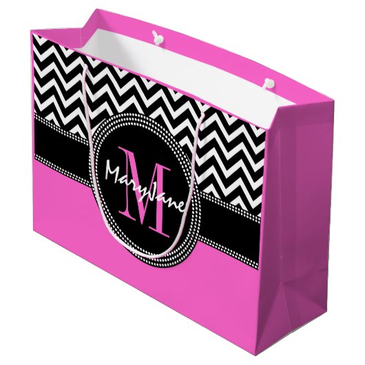 Grand Sac Cadeau Monogramme de Chevron de roses indien et de noir (Dos Angle)