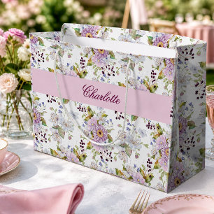 Grand Sac Cadeau Monogramme de fleurs sauvages roses, motif floral