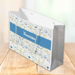 Grand Sac Cadeau Monogramme de nom de fleur sauvage aquarelle bleue