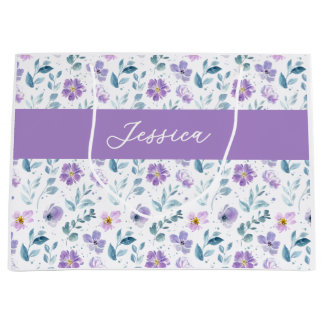 Grand Sac Cadeau Monogramme de nom de fleur sauvage aquarelle verte