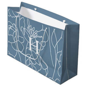 Grand Sac Cadeau Monogramme de nom de fleur sauvage moderne bleue
