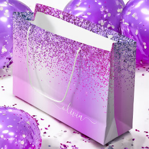 Grand Sac Cadeau Monogramme de nom en paillettes métallisées violet
