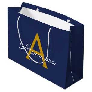 Grand Sac Cadeau Monogramme de nom féminin de style moderne en bleu