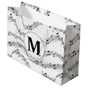 Grand Sac Cadeau Monogramme de note de musique noire et blanche