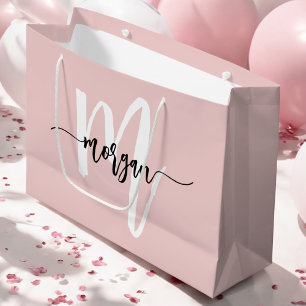 Grand Sac Cadeau Monogramme Design moderne Blush Pink Script