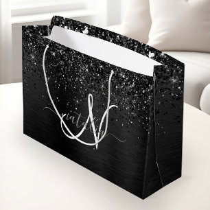 Grand Sac Cadeau Monogramme d'étincelle à Parties scintillant noire