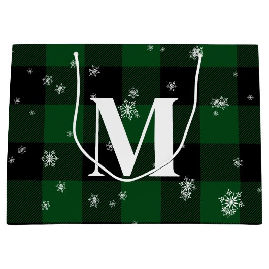 Grand Sac Cadeau Monogramme d'hiver initial de Plaid vert et de flo (Devant)