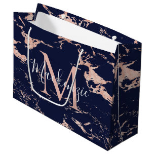 Grand Sac Cadeau Monogramme d'huile d'or Rose en marbre bleu marine
