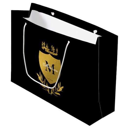 Grand Sac Cadeau Monogramme du bouclier royal noir et or (Devant Angle)