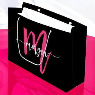 Grand Sac Cadeau Monogramme élégant moderne rose chaud noir