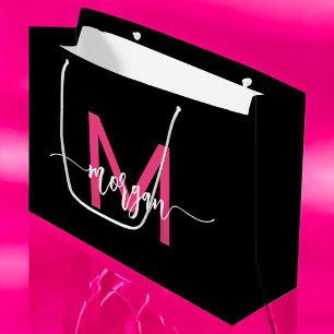 Grand Sac Cadeau Monogramme élégant Noir moderne rose chaud