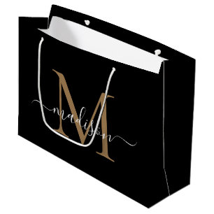 Grand Sac Cadeau Monogramme Élégant Noir Or Écriture Élégante Nom