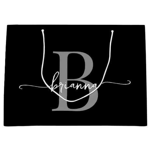 Grand Sac Cadeau Monogramme élégant Script initial Noir moderne Gri (Devant)