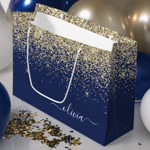 Grand Sac Cadeau Monogramme Féminin Nom Script Paillettes Bleu Mari