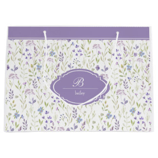 Grand Sac Cadeau Monogramme floral personnalisé violet