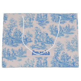 Grand Sac Cadeau Monogramme Floral Toile Turquoise Bleu Vintage