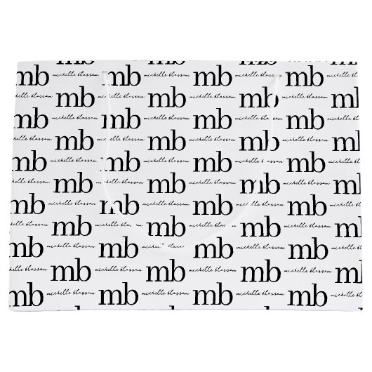 Grand Sac Cadeau Monogramme Initial Script Tendance Noir Blanc Mode (Devant)