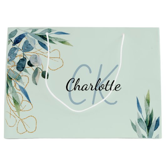 Grand Sac Cadeau Monogramme initiales de feuillage de verdure d'euc (Devant)