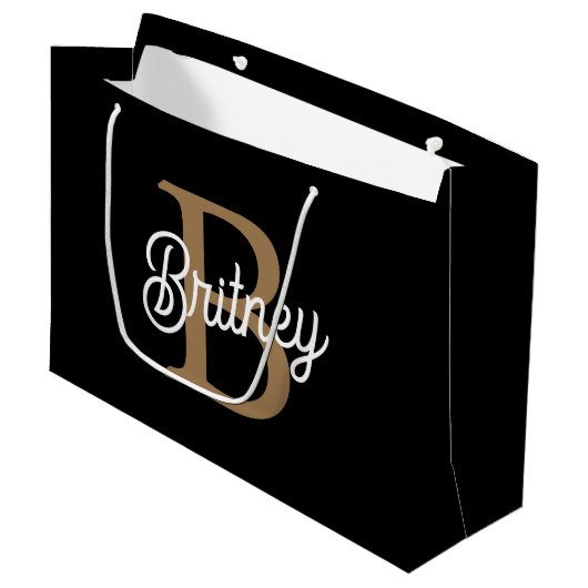 Grand Sac Cadeau Monogramme moderne élégant Nom Black Gold Script (Devant Angle)