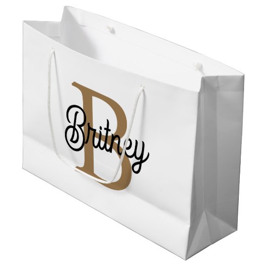 Grand Sac Cadeau Monogramme moderne élégant Nom Black Gold Script (Devant Angle)