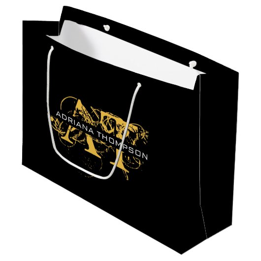 Grand Sac Cadeau Monogramme moderne en noir et or (Devant Angle)