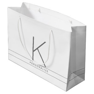 Grand Sac Cadeau Monogramme Moderne Simple Blanc Nom Bande