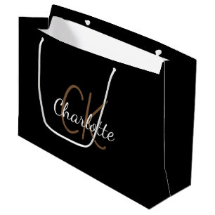 Grand Sac Cadeau Monogramme noir blanc nom écriture moderne élégant