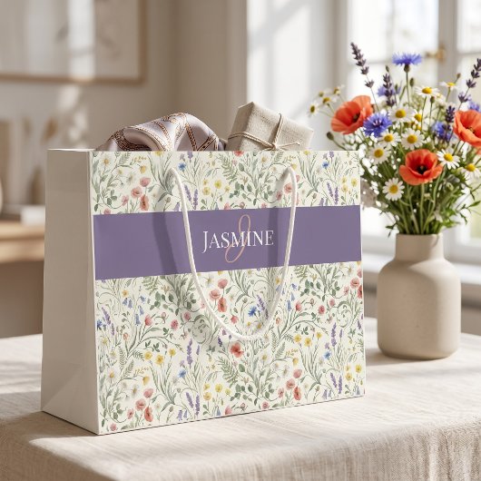 Grand Sac Cadeau Monogramme Nom Fleur Sauvage Boho Lavande Coquelic