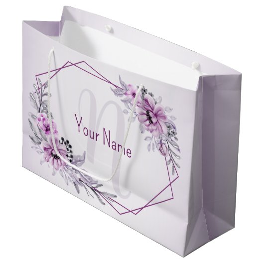 Grand Sac Cadeau Monogramme Nom Rose Floral Violet violet Cadre pou (Devant Angle)