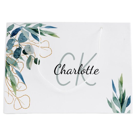 Grand Sac Cadeau Monogramme or blanc et eucalyptus doré (Devant)