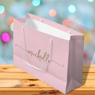 Grand Sac Cadeau Monogramme Or élégant Nom Script Blush Pink