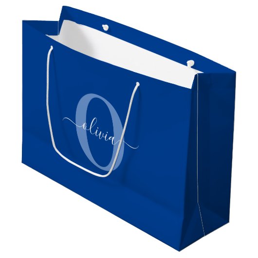 Grand Sac Cadeau Monogramme personnalisé Nom du script Bleu Blanc (Devant Angle)