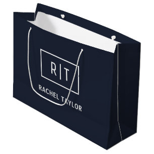 Grand Sac Cadeau Monogramme Professionnel Simple Bleu Nuit Blanc