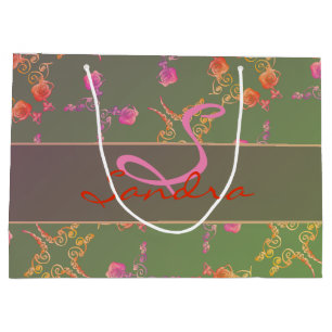 Grand Sac Cadeau Monogramme Rose Coeur et mousse pourpre