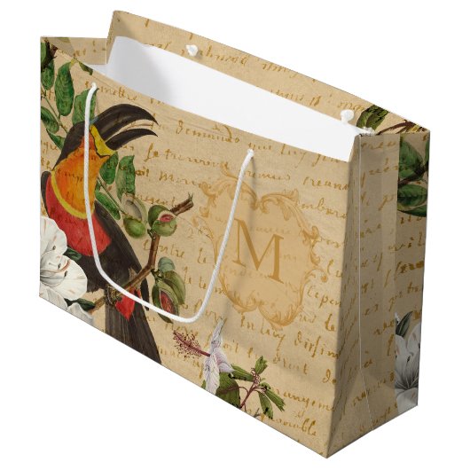 Grand Sac Cadeau Monogramme Tropical Toucan (Devant Angle)
