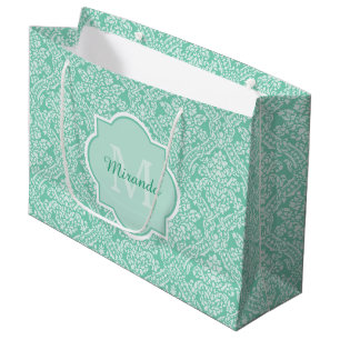 Grand Sac Cadeau Monogramme vert de menthe élégant avec nom