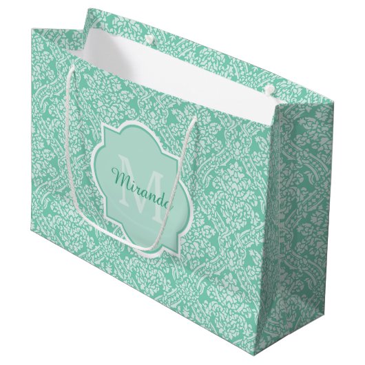 Grand Sac Cadeau Monogramme vert de menthe élégant avec nom (Devant Angle)