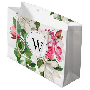 Grand Sac Cadeau Monogramme vintage blanc et rose des fleurs de Mag