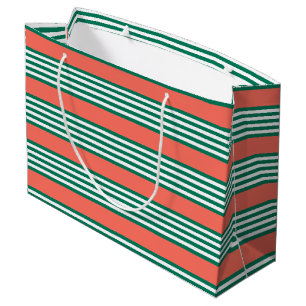 Grand Sac Cadeau Motif à cinq bandes vert et blanc avec corail