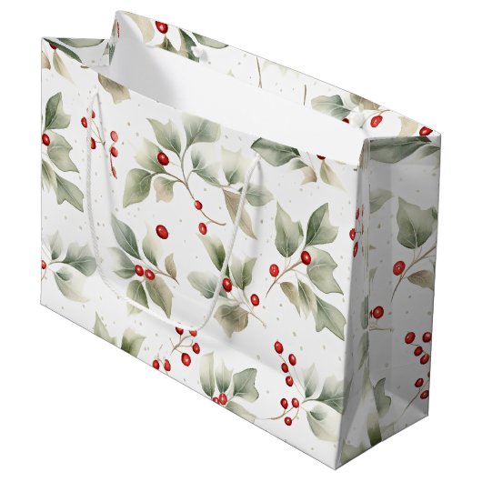 Grand Sac Cadeau Motif à l'aquarelle Holly et Berries (Devant Angle)