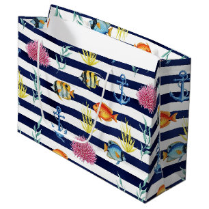 Grand Sac Cadeau Motif aquarelle nautique rétro (8)