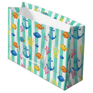 Grand Sac Cadeau Motif aquarelle nautique rétro (9)