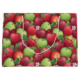 Grand Sac Cadeau Motif aquarelle rustique de pommes rouges et verte